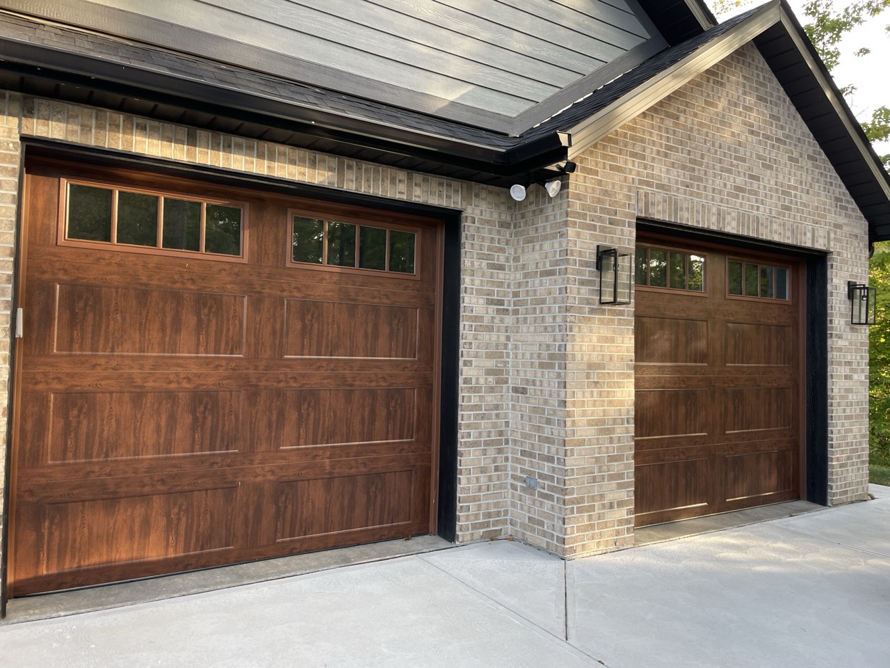 Cherry wood-grain garage doors